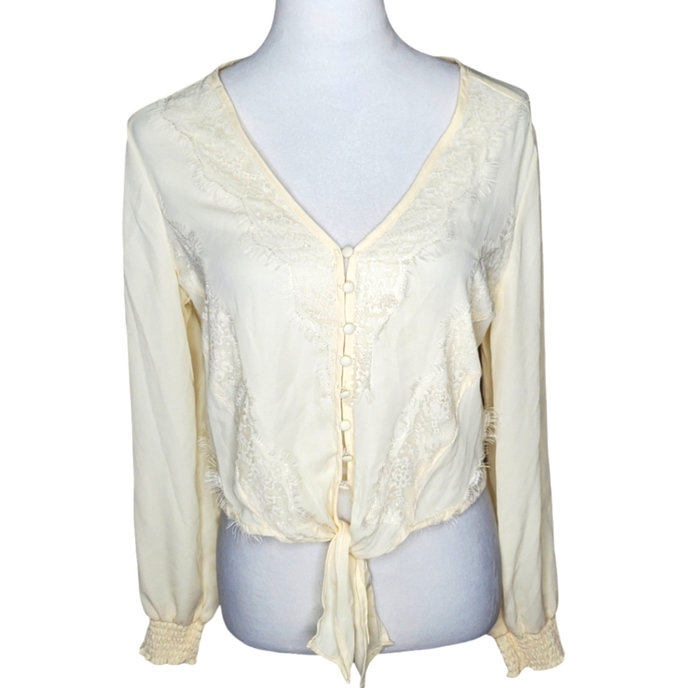 🦋Self ❤E Lace & Fringe Blouson Sleeve Tie Front Crop Top